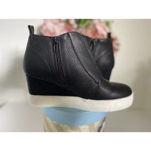 Increasing Height Heels Women Black Faux Leather Round Toe Wedge Ankle Boots New